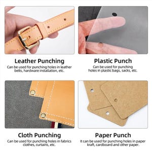 May include: Four images showing different uses for a hole punch. The first image shows a brown leather belt with a gold buckle. The second image shows a clear plastic sheet with a hole punched in it. The third image shows a piece of brown fabric with a hole punched in it. The fourth image shows a piece of brown paper with a hole punched in it.