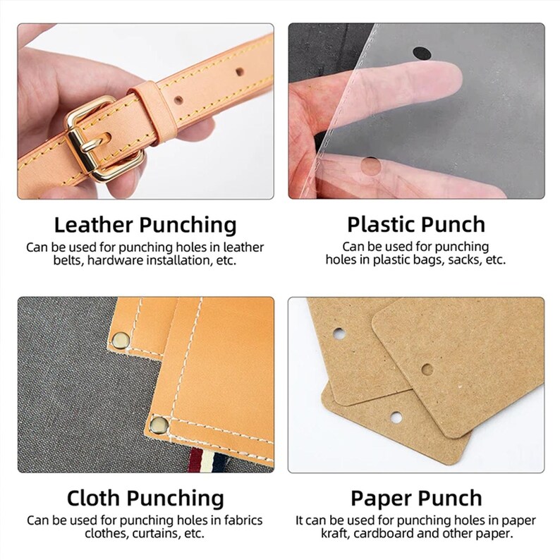 May include: Four images showing different uses for a hole punch. The first image shows a brown leather belt with a gold buckle. The second image shows a clear plastic sheet with a hole punched in it. The third image shows a piece of brown fabric with a hole punched in it. The fourth image shows a piece of brown paper with a hole punched in it.