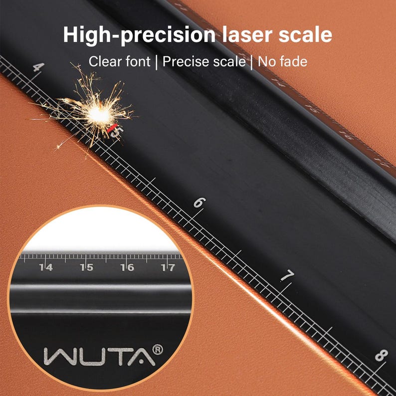 May include: A black ruler with a laser-etched scale and the text "High-precision laser scale" and "Clear font | Precise scale | No fade". The ruler has markings from 4 to 8, with a close-up of the markings from 14 to 17. The ruler is on a copper-colored surface.