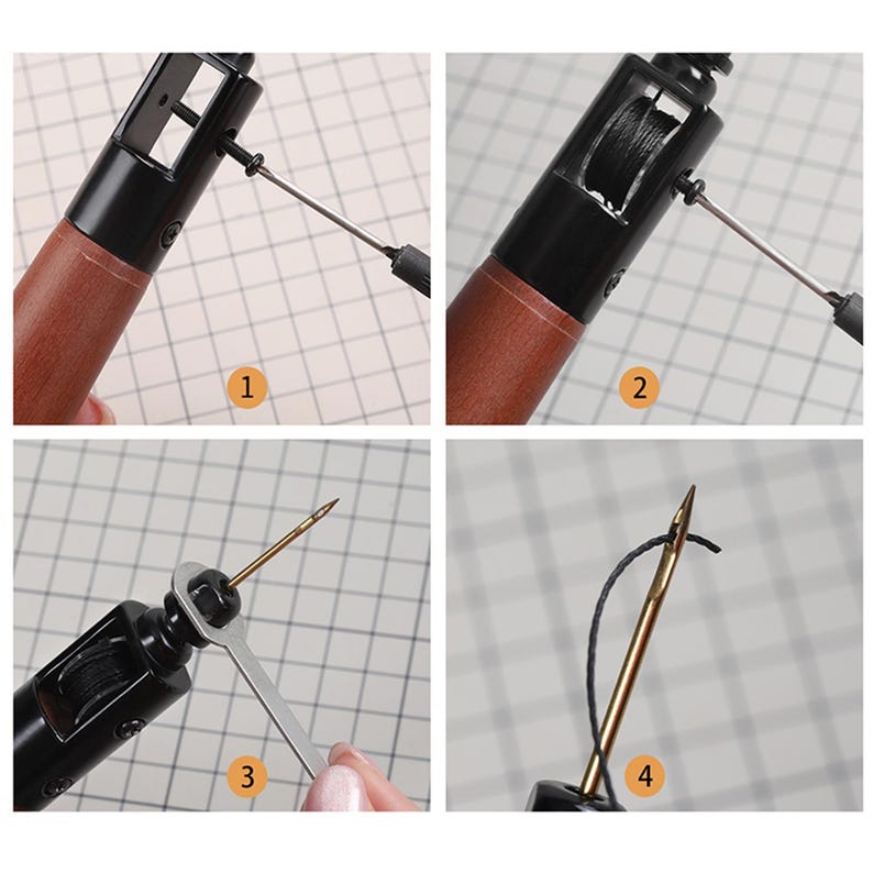 May include: Four steps demonstrating how to use a leather sewing awl. The awl features a wooden handle and a black metal body. The steps illustrate threading the awl, inserting the needle, and stitching leather.