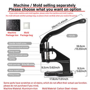 Op de afbeelding: Zwarte metalen persmachine met een handvat, veer en basis. Afmetingen worden weergegeven in centimeters en inches. Tekst op de afbeelding bevat "Machine / Mold selling separately" en "Please choose what you want on option."