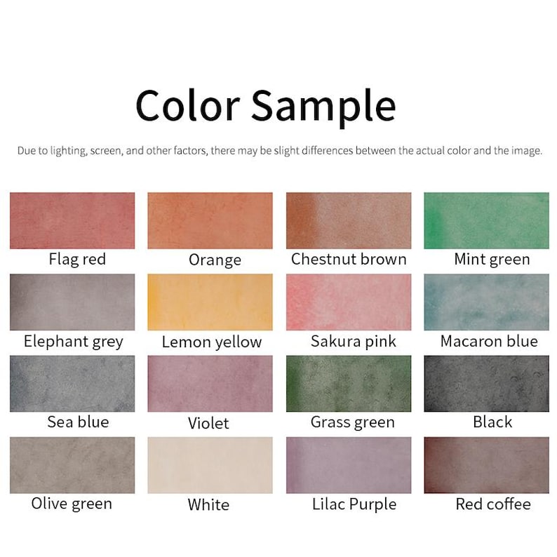May include: A colour sample chart with the title "Color Sample" and text below stating that there may be slight colour differences. The chart displays 16 colour swatches, including Flag red, Orange, Chestnut brown, Mint green, Elephant grey, Lemon yellow, Sakura pink, and Macaron blue.