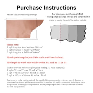 May include: Diagram showing purchase instructions for irregular leather shapes. Includes measurements in cm and square feet, with examples of 1, 3, and 5 sq ft. Text explains the shape is irregular, but the surface is calculated.