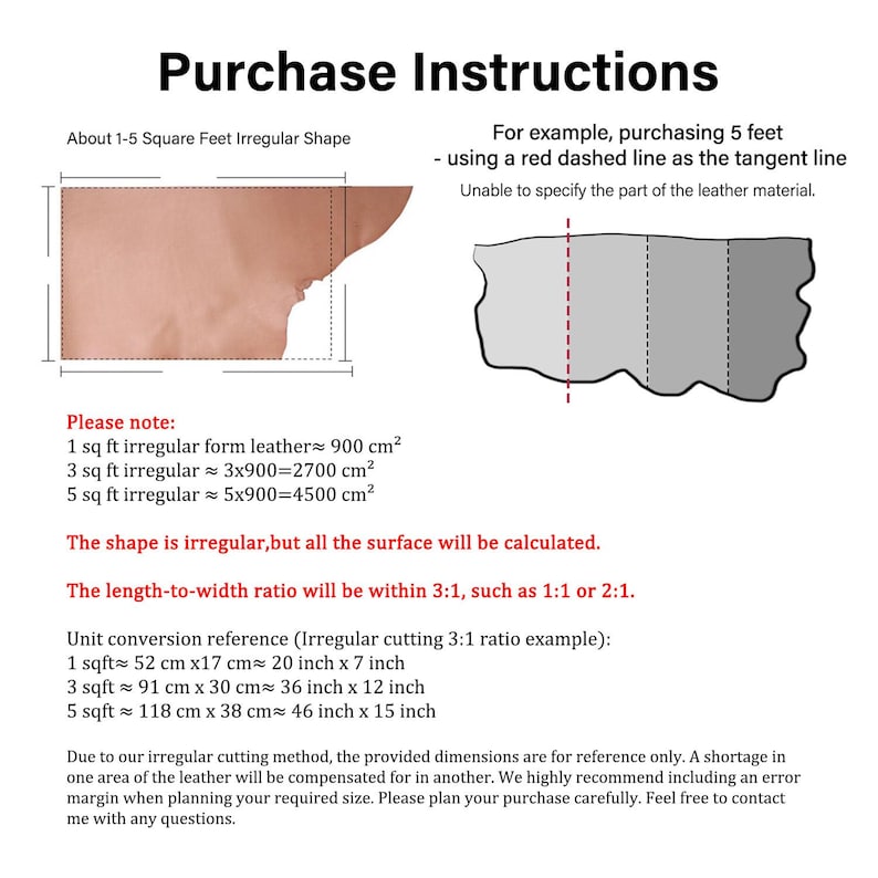 May include: Diagram showing purchase instructions for irregular leather shapes. Includes measurements in cm and square feet, with examples of 1, 3, and 5 sq ft. Text explains the shape is irregular, but the surface is calculated.