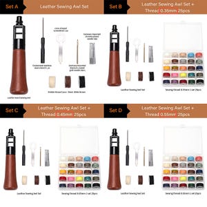 May include: Four sets of leather sewing awl tools. Each set includes a leather sewing awl, a screwdriver, a wrench, needles, and bobbin thread. Set B, C, and D also include a box of 25 spools of thread in various colours. The thread sizes are 0.35mm, 0.45mm, and 0.55mm.