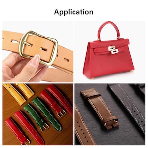 May include: A collage of leather goods, including a tan belt with a gold buckle, a red handbag, and various watch straps in red, green, yellow, and brown. The image also includes the word "Application".