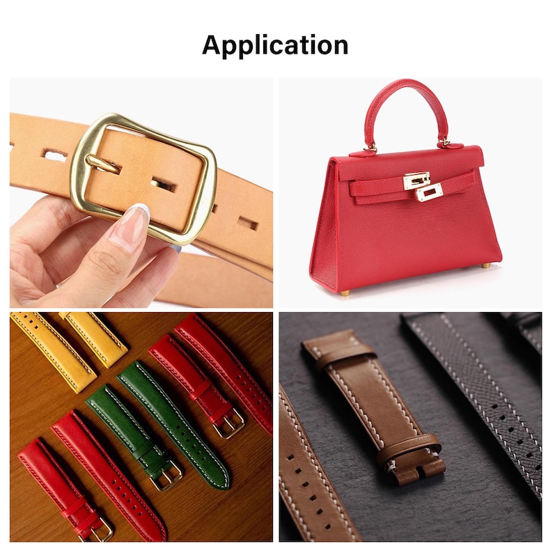 May include: A collage of leather goods, including a tan belt with a gold buckle, a red handbag, and various watch straps in red, green, yellow, and brown. The image also includes the word "Application".
