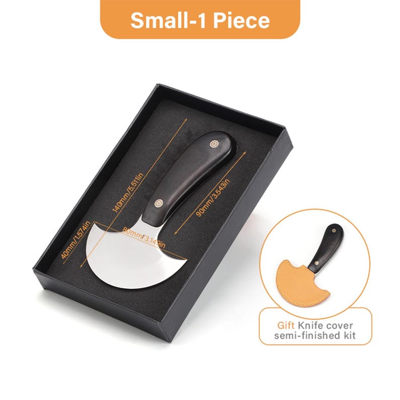 May include: A small, curved leathercraft knife with a dark wooden handle, presented in a black box. The blade is silver, and the dimensions are labeled in inches. A semi-finished leather knife cover is also shown.