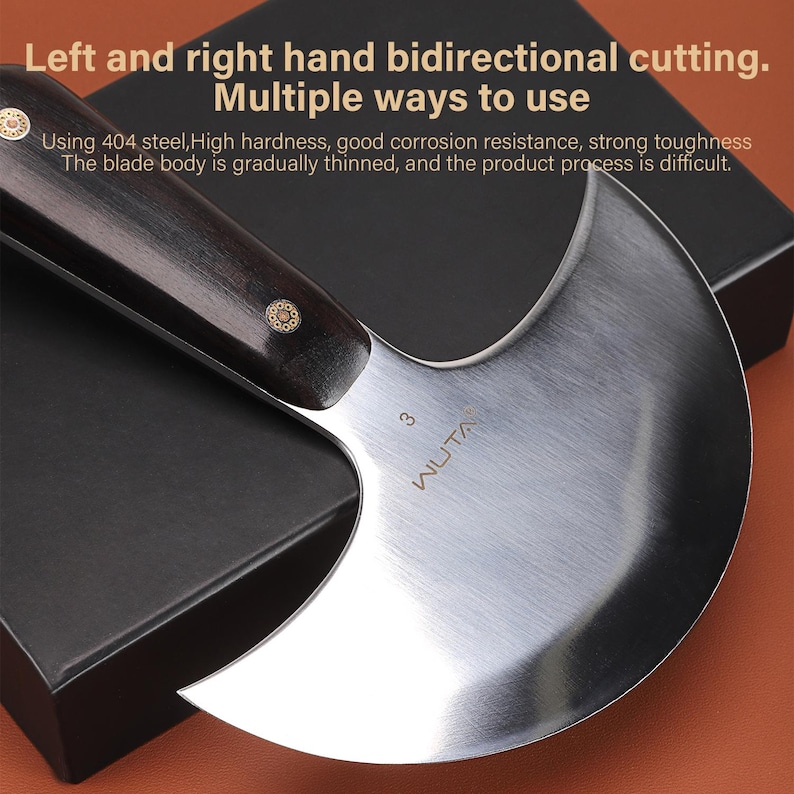 May include: A curved, stainless steel knife with a dark wooden handle. The blade has the text "WUTA" and the number "3" etched on it. The text "Left and right hand bidirectional cutting. Multiple ways to use" is visible.
