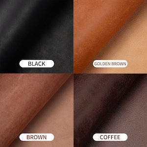 May include: A close-up of four swatches of leather in different colors. The colors are black, golden brown, brown, and coffee. Each swatch has a label with its respective color name in white text.