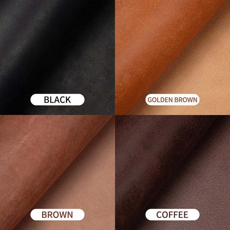 May include: A close-up of four swatches of leather in different colors. The colors are black, golden brown, brown, and coffee. Each swatch has a label with its respective color name in white text.