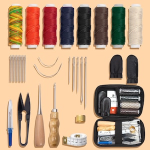 May include: Leather craft kit with tools, needles, thread, thimble, awls, and a small case. The kit includes a variety of colors of waxed thread, a leather punch, and a measuring tape.