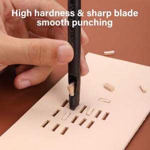 May include: A black leather punch tool is used to create rectangular holes in a piece of light tan leather. The tool is held by a hand, and the text "High hardness & sharp blade smooth punching" is visible.