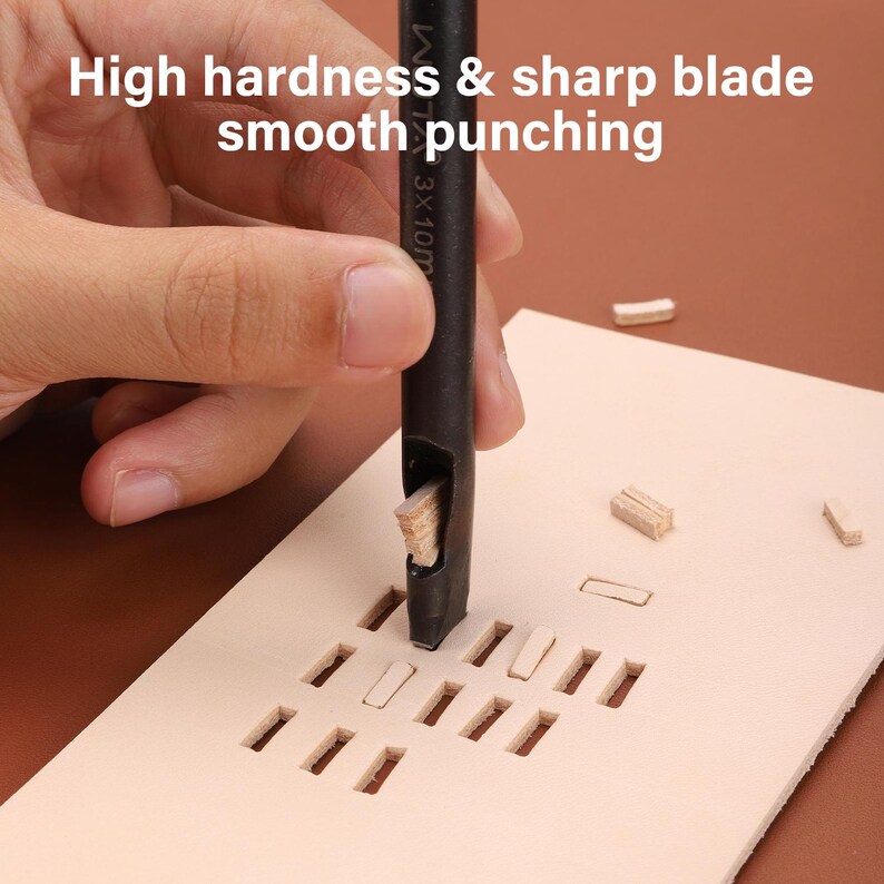May include: A black leather punch tool is used to create rectangular holes in a piece of light tan leather. The tool is held by a hand, and the text "High hardness & sharp blade smooth punching" is visible.