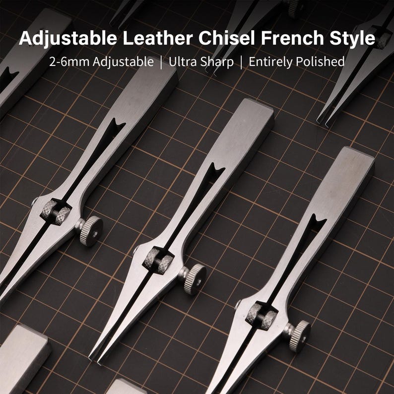 May include: Three silver adjustable leather chisels with a 2-6mm adjustable range. The chisels are ultra sharp and entirely polished.