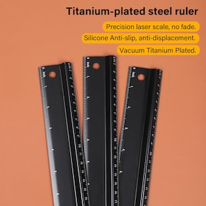 May include: Three black titanium-plated steel rulers with inch markings. The rulers have a precision laser scale, are anti-slip, and anti-displacement.