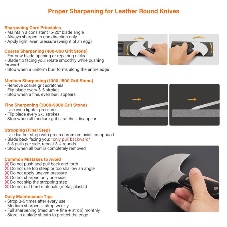May include: Diagram illustrating the proper sharpening techniques for leather round knives. The image includes text detailing sharpening principles, grit stone usage, stropping, common mistakes to avoid, and daily maintenance tips.