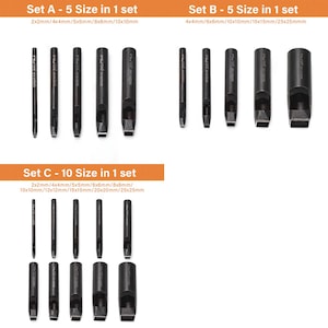May include: Set of 10 metal hole punch tools with different sizes, ranging from 2mm to 25mm. The tools are black and have a square shape at the end. The set includes 5 sizes in one set and 10 sizes in one set.