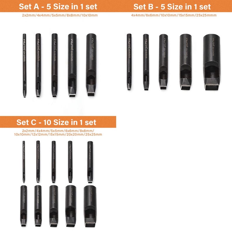 May include: Set of 10 metal hole punch tools with different sizes, ranging from 2mm to 25mm. The tools are black and have a square shape at the end. The set includes 5 sizes in one set and 10 sizes in one set.