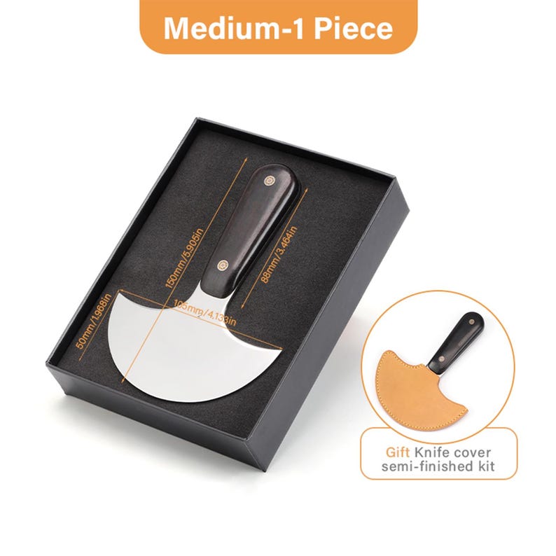 May include: A medium-sized leathercraft knife with a curved blade, black handle, and a leather sheath. The knife is presented in a black box with dimensions labeled in inches and millimeters. The text "Medium-1 Piece" is at the top.