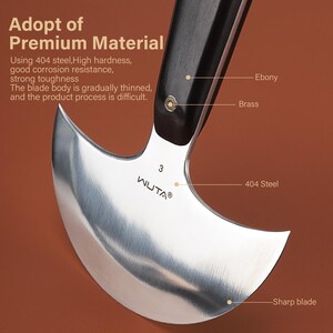 May include: A curved, polished steel blade with a dark wooden handle. The blade is labeled "WUTA" and "404 Steel". The handle is made of ebony and brass. The text in the image says "Adopt of Premium Material".