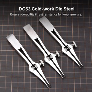 May include: Three silver metal tools with pointed tips and adjustable knobs. The tools are made of cold-work die steel, which ensures durability and rust resistance for long-term use.  DC53 Cold-work Die Steel.