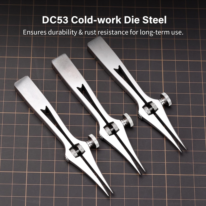 May include: Three silver metal tools with pointed tips and adjustable knobs. The tools are made of cold-work die steel, which ensures durability and rust resistance for long-term use.  DC53 Cold-work Die Steel.