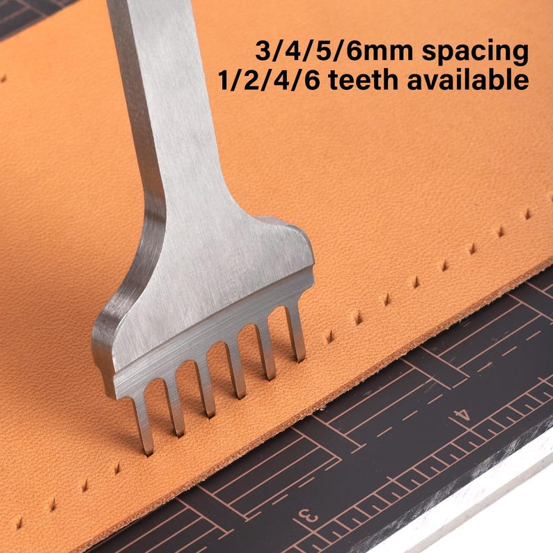May include: A close-up of a leather working tool with multiple prongs used to punch holes in leather. The tool is being used to punch holes in a piece of brown leather. The text "3/4/5/6mm spacing 1/2/4/6 teeth available" is visible in the image.