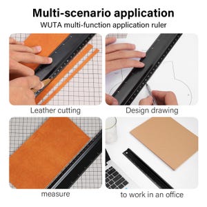 May include: A black metal ruler with white markings is shown in four different scenarios. The ruler is used for cutting leather, drawing designs, measuring, and working in an office.