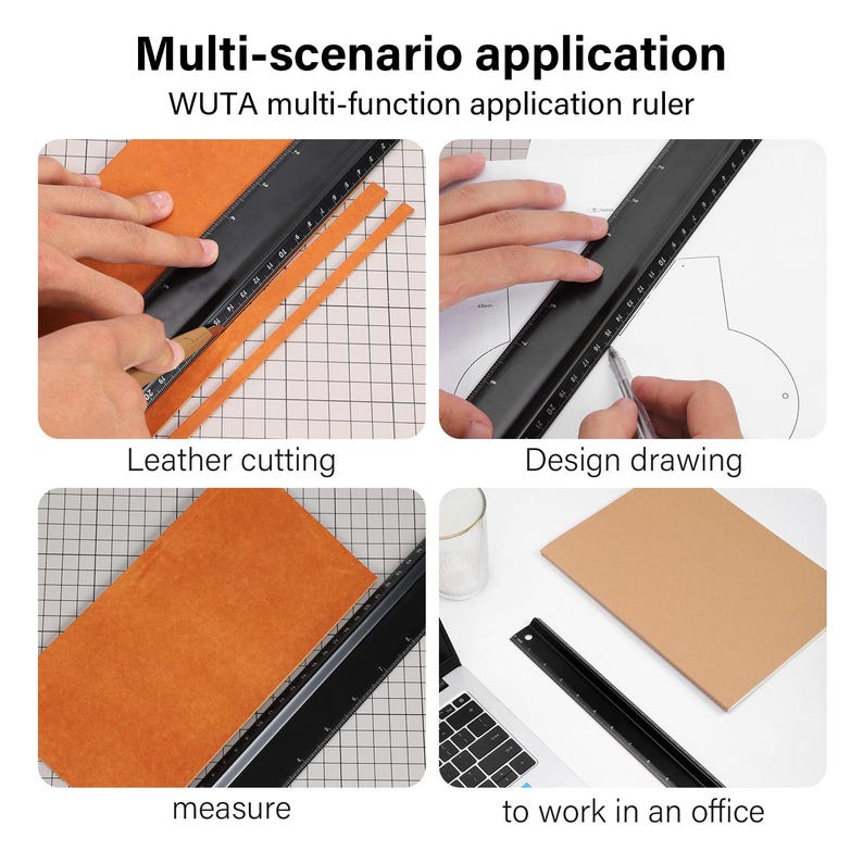 May include: A black metal ruler with white markings is shown in four different scenarios. The ruler is used for cutting leather, drawing designs, measuring, and working in an office.