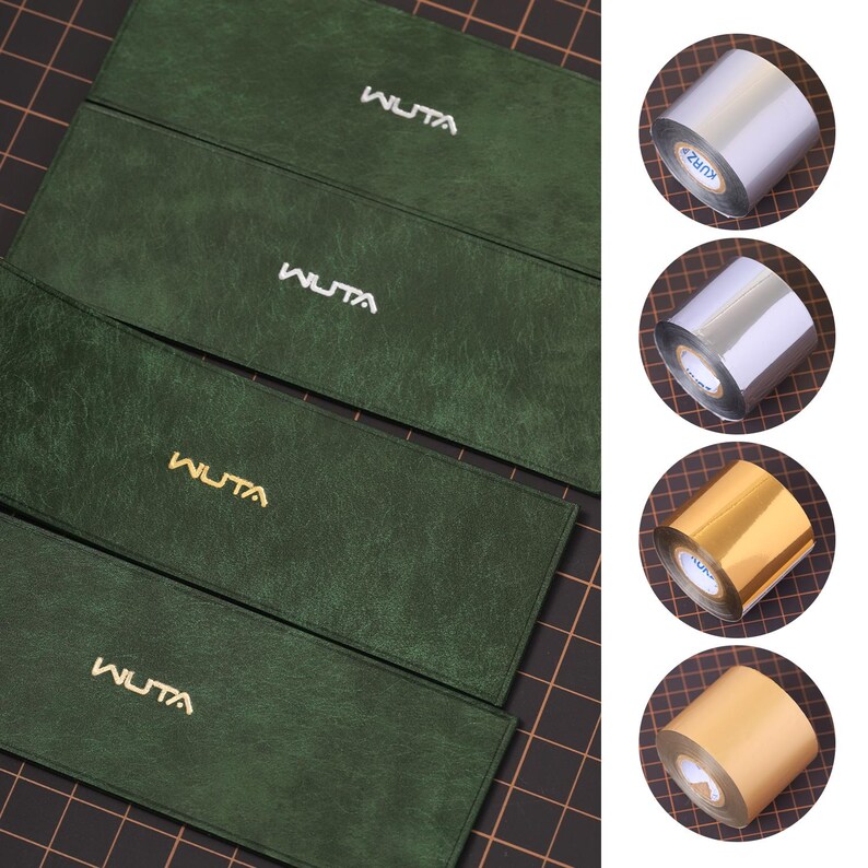 May include: An image showcases four dark green rectangular cases with the word "WUTA" in gold lettering. To the right, there are four rolls of metallic foil in silver and gold colors, with the brand name "KURZ" visible on one.