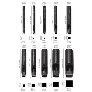 May include: Set of 10 black metal leather hole punch tools with different sizes ranging from 5mm to 35mm. The tools are labeled with their size in millimeters and inches.