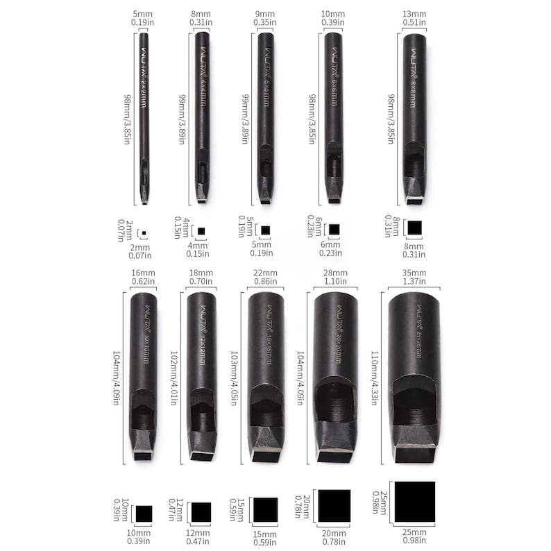 May include: Set of 10 black metal leather hole punch tools with different sizes ranging from 5mm to 35mm. The tools are labeled with their size in millimeters and inches.