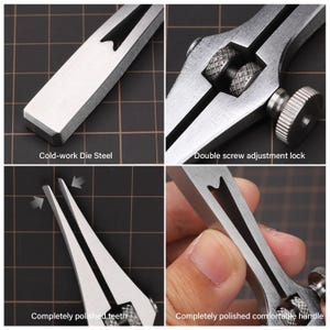 May include: A silver metal tool with a double screw adjustment lock. The tool has two pointed ends and a comfortable handle. The tool is made of cold-work die steel and has completely polished teeth.
