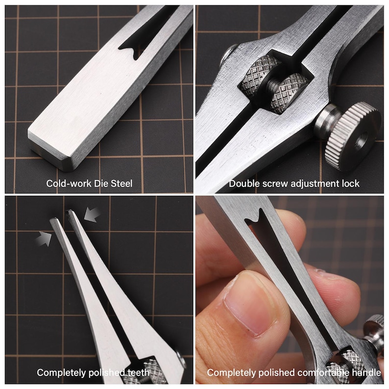 May include: A silver metal tool with a double screw adjustment lock. The tool has two pointed ends and a comfortable handle. The tool is made of cold-work die steel and has completely polished teeth.