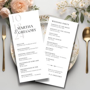 Minimalistische bewerkbare sjabloon bruiloft programma, elegante trouwbestelling, kaart huwelijksceremonie, afdrukbaar modern trouwprogramma