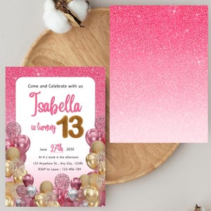 Bearbeitbar Pink Gold Glitter Einladung zum 13. Geburtstag, offizielle Geburtstagseinladung für Teenager, Einladung zum 13. Geburtstag Mädchen, Einladung zum 13. Geburtstag
