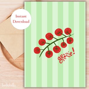 Cartão de agradecimento para impressão Cartão de tomate para impressão Cartão de agradecimento Grazie Cartão de agradecimento italiano Download instantâneo Papelaria de tomate Cartão de tomates