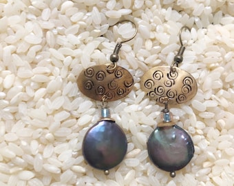 Large pearl and brass earrings