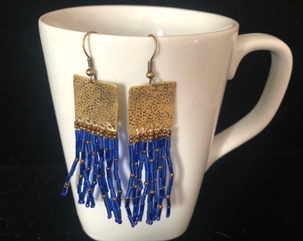 Blue bugle bead earrings with textured brass