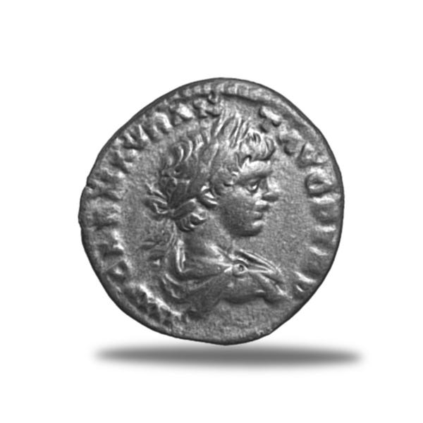Denario acuñado en plata por el joven emperador romano Caracalla, año 200 d. C.