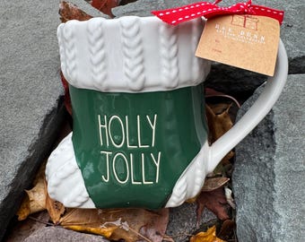 Rae Dunn Holly Jolly Christmas Mug | Stocking Shaped Coffee Cup