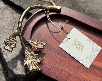 Handmade Wooden Serving Tray: Rustic Elegant Gold Leaf Handles