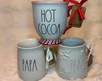 Rae Dunn Inspired Christmas Mug Set: Farmhouse Hot Cocoa, Papa, Peace Ceramic Cups