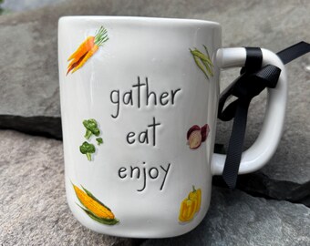 Rae Dunn Artisan Mug – Gather Eat Enjoy | Vegetable Garden Coffee Cup with Hand-Painted Veggies