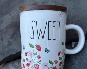 Rae Dunn SWEET Strawberry Mug with Wooden Lid