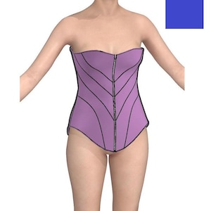 Op de afbeelding: Een strapless, lavendelkleurig korset met zwarte afwerking en een zilveren rits aan de voorkant. Het korset heeft een gestructureerd ontwerp met schuine lijnen. Een blauwe vierkant staat in de rechterbovenhoek.