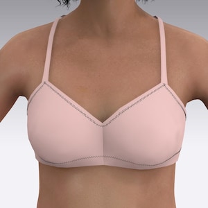 May include: A light pink bra with thin straps and a V-neck design. The bra has a simple, classic style with black stitching along the edges. This comfortable bra is a basic lingerie item.