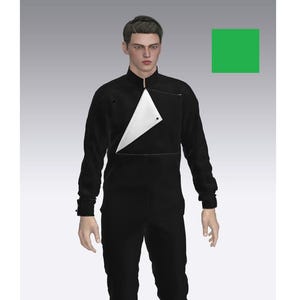 Puede incluir: Una camisa negra de manga larga con cuello alto y un detalle triangular blanco en el pecho. La prenda incluye un pequeño botón negro en la solapa blanca y botones negros a juego en los puños de las mangas, creando un contraste visual definido.