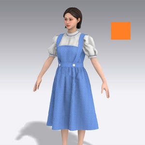 May include: A knee-length blue pinafore dress with a white polka dot pattern, featuring a high-waisted bodice with two white buttons at the waist, paired with a white short-sleeved blouse that has a high neckline and blue trim on the sleeves.